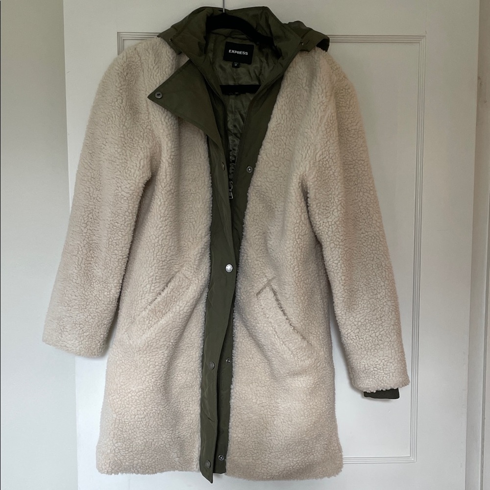 Express Women's Cream Teddy Jacket with Green Lining
